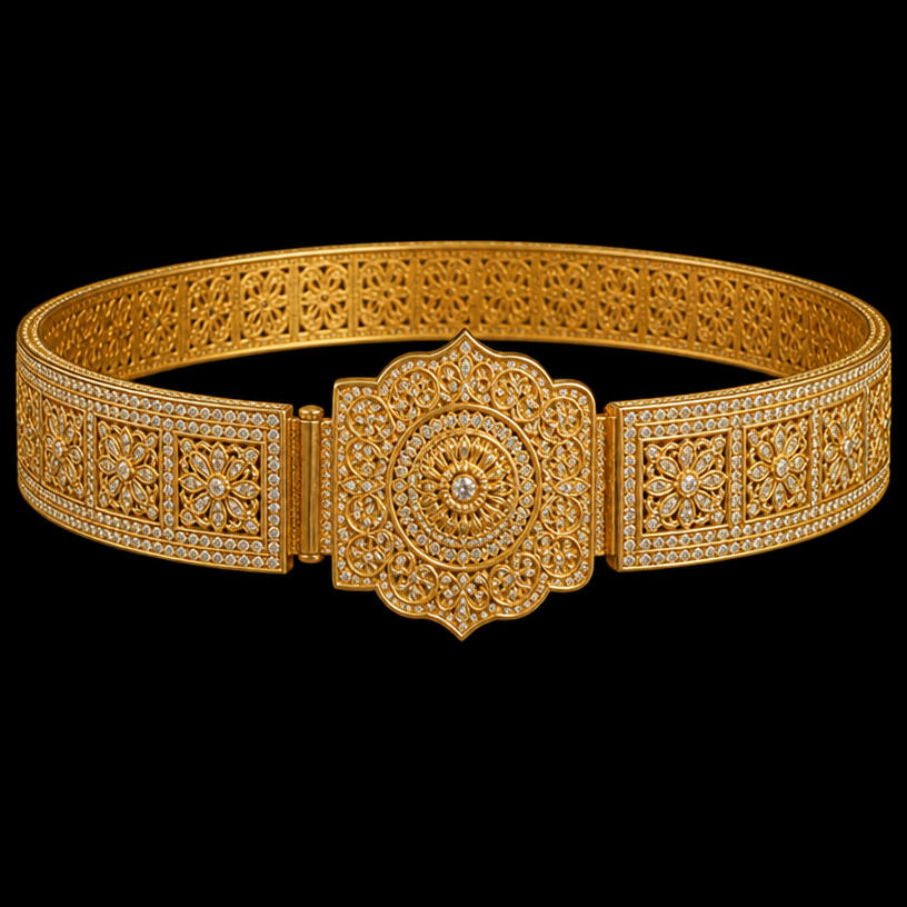 حزام ذهب اكثر عرضاً و مرصع بال الماسة
edit the attached jewelry design with these instructions: حزام ذهب اكثر عرضاً و مرصع بال الماسة. keep it photorealistic, just the design no text