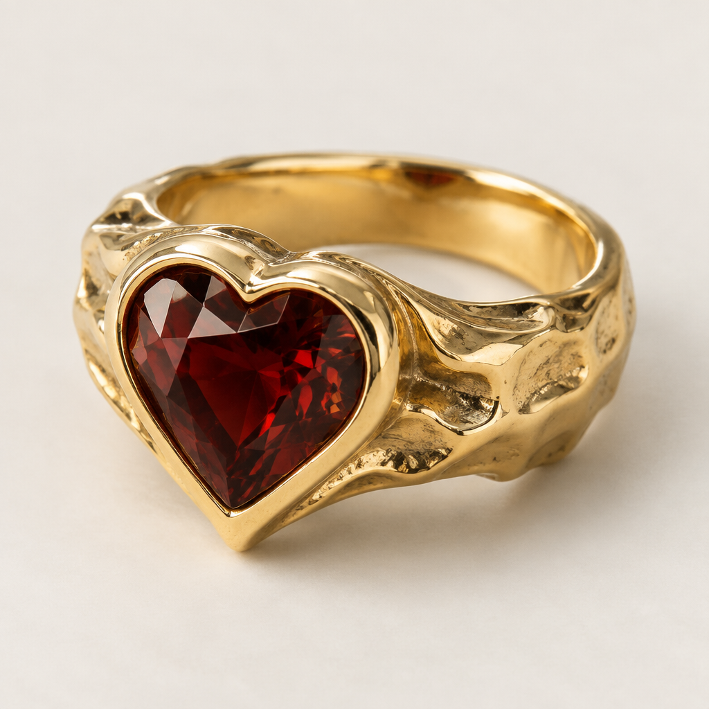 1.5 carat heart shaped garnet, chunky yellow gold ring, no diamonds accents, add texture to the ring
photorealistic jewelry design, 1.5 carat heart shaped garnet, chunky yellow gold ring, no diamonds accents, add texture to the ring, modern style, just the design no text