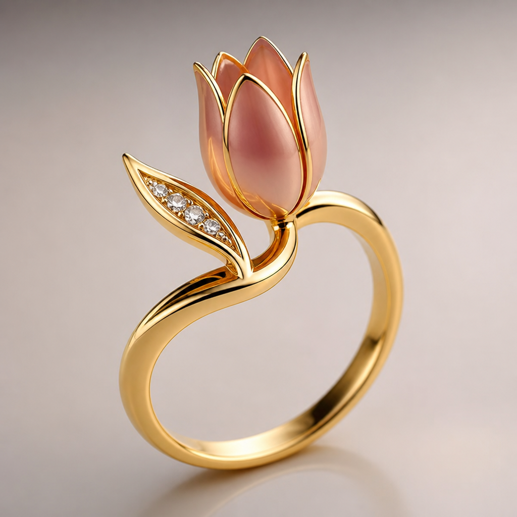 A women's ring. يكون ذهب ووردة التوليب
photorealistic jewelry design, A women's ring. يكون ذهب ووردة التوليب, modern style, just the design no text