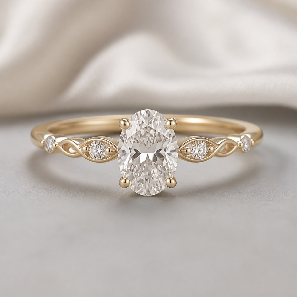 A minimalist women's ring with diamond stones suitable for wedding, detailed and decorative, moderately ornate. A 0.70-carat oval diamond is used as the center stone.
photorealistic jewelry design, A minimalist women's ring with diamond stones suitable for wedding, detailed and decorative, moderately ornate. A 0.70-carat oval diamond is used as the center stone., minimalist style, just the design no text