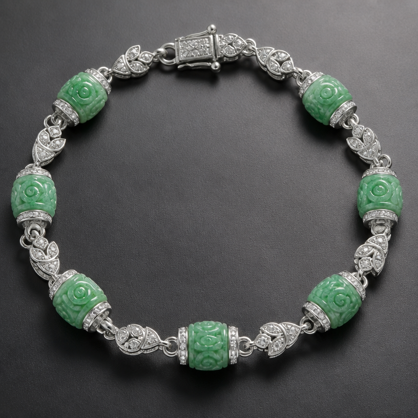 A diamond women's bracelet with diamond stones suitable for gift, detailed and decorative, moderately ornate. Create a 6-inch bracelet using the 12 beads shown in the attached picture. Each bead is 9.7 millimeters long.
using the attached image as a visual reference, create A diamond women's bracelet with diamond stones suitable for gift, detailed and decorative, moderately ornate. Create a 6-inch bracelet using the 12 beads shown in the attached picture. Each bead is 9.7 millimeters long.. photorealistic, just the design no text