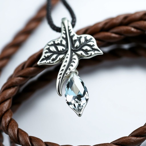 Elegant necklace on thick leather cord with big silver pendant and crystal stone charm 