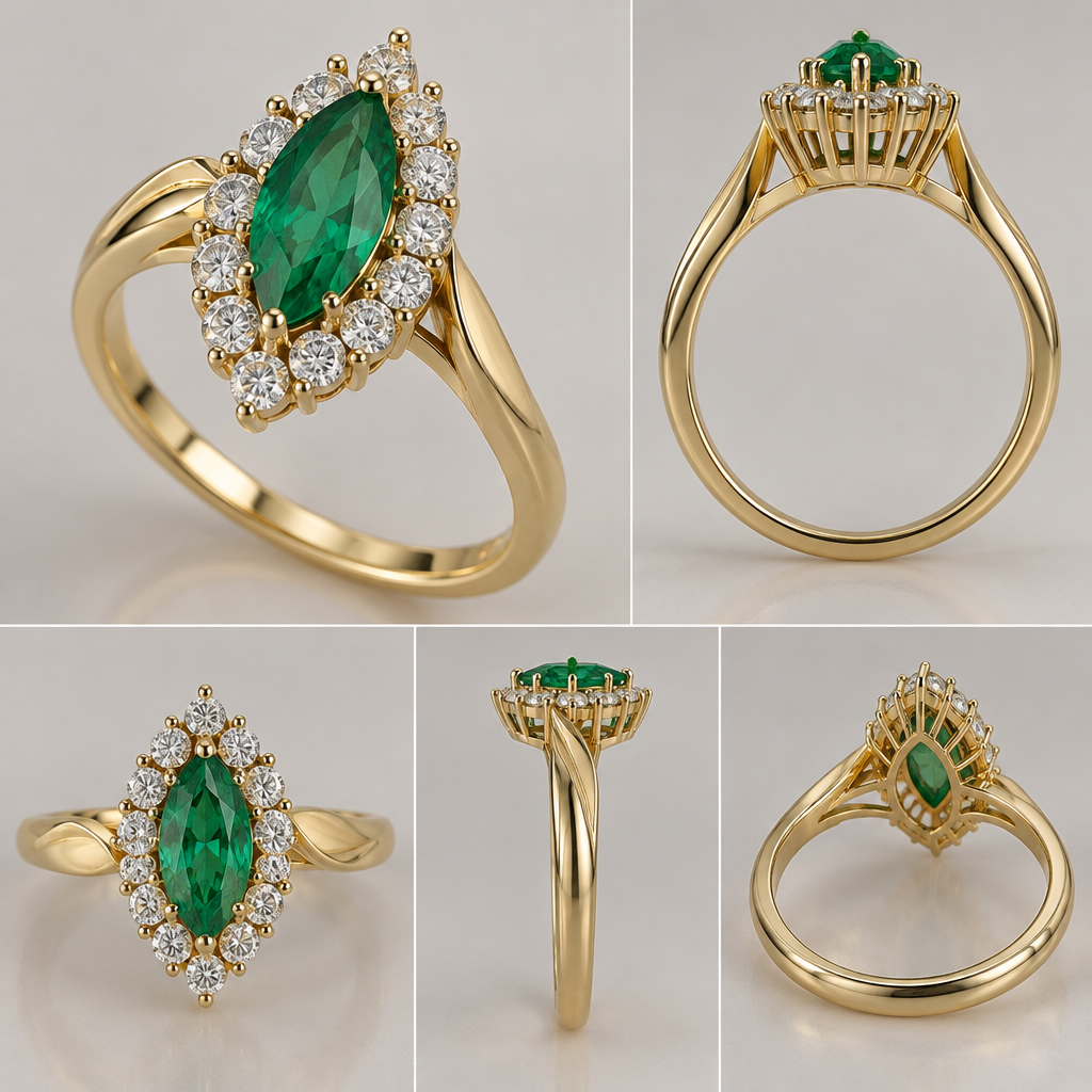 A women's ring. un anillo dama de piedra esmeralda marquiz de 8x4 mm.
la piedra con engaste en sus puntas.
doce piedras diamante redondas al rededor. aro talla 17 mm.
peso 4.0 gramos.
con canastilla empalillada. Aro asimétrico de 2.5 mm de alto aplanado por los costados en la parte superior.
aro en rededor media caña.
photorealistic jewelry design, A women's ring. un anillo dama de piedra esmeralda marquiz de 8x4 mm.
la piedra con engaste en sus puntas.
doce piedras diamante redondas al rededor. aro talla 17 mm.
peso 4.0 gramos.
con canastilla empalillada. Aro asimétrico de 2.5 mm de alto aplanado por los costados en la parte superior.
aro en rededor media caña., modern style, just the design no text
