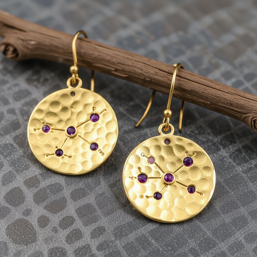 Серьги матовое золото мятое. Символ схематично созвездие. Маленькие фиолетовые камушки