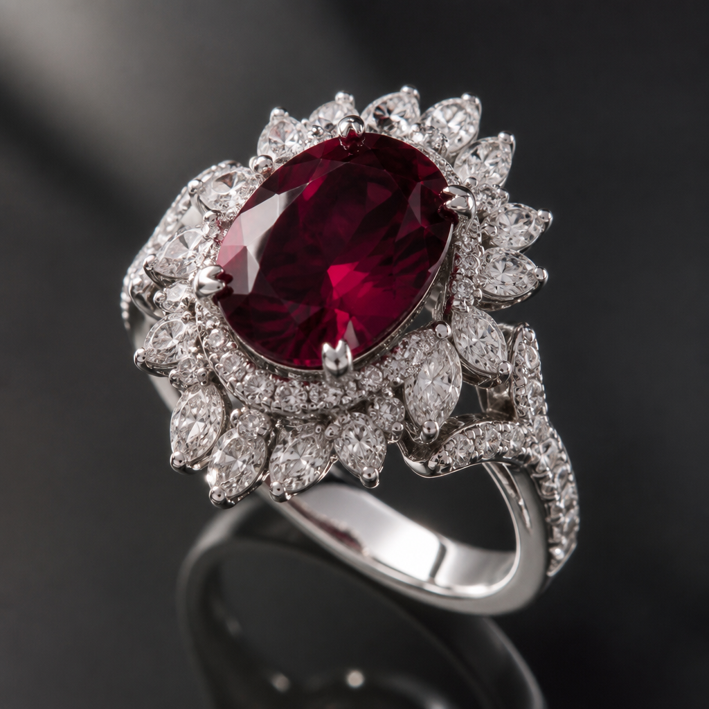 A cocktail women's ring made of white gold with diamond and garnet stones suitable for engagement
photorealistic jewelry design, A cocktail women's ring made of white gold with diamond and garnet stones suitable for engagement, cocktail style, just the design no text