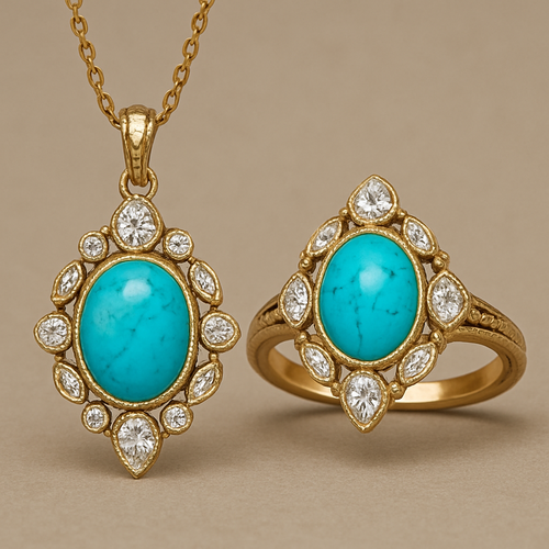 to unique design a pendant and a ring featuring the main turquoise incorporating round, marquise, and pear-shaped diamonds as additional elements. more unique