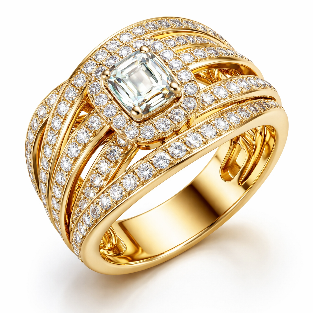 A modern women's ring made of gold with diamond stones. وزن القطعه ٢٥ أكبر شوي من هاذي
