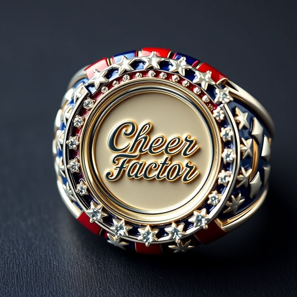 Red white and blue medal ring that says cheer factor