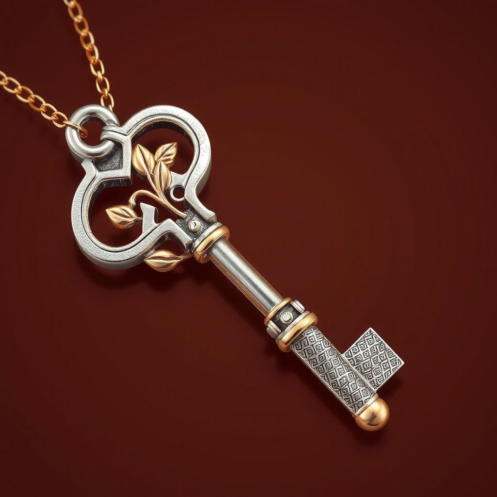 Old skeleton key shape gold and silver tones with olive branch turning on leg and keffieh print on the tip