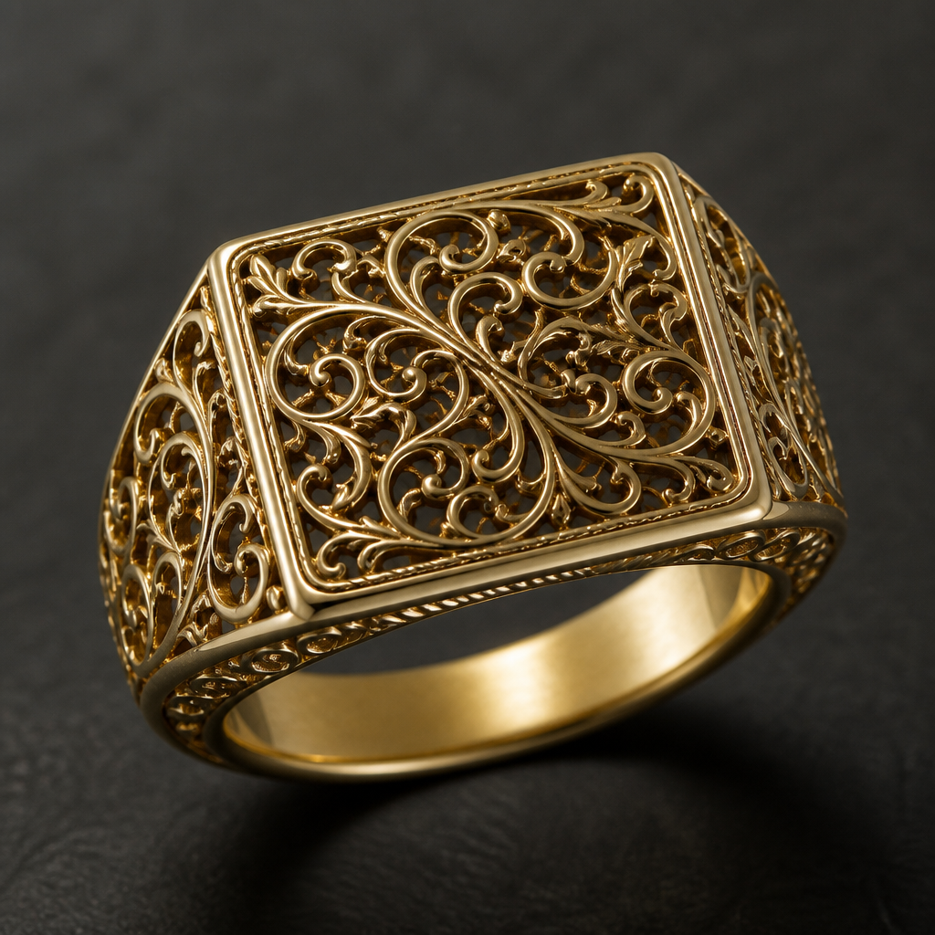A filigree men's ring made of gold
photorealistic jewelry design, A filigree men's ring made of gold, filigree style, just the design no text