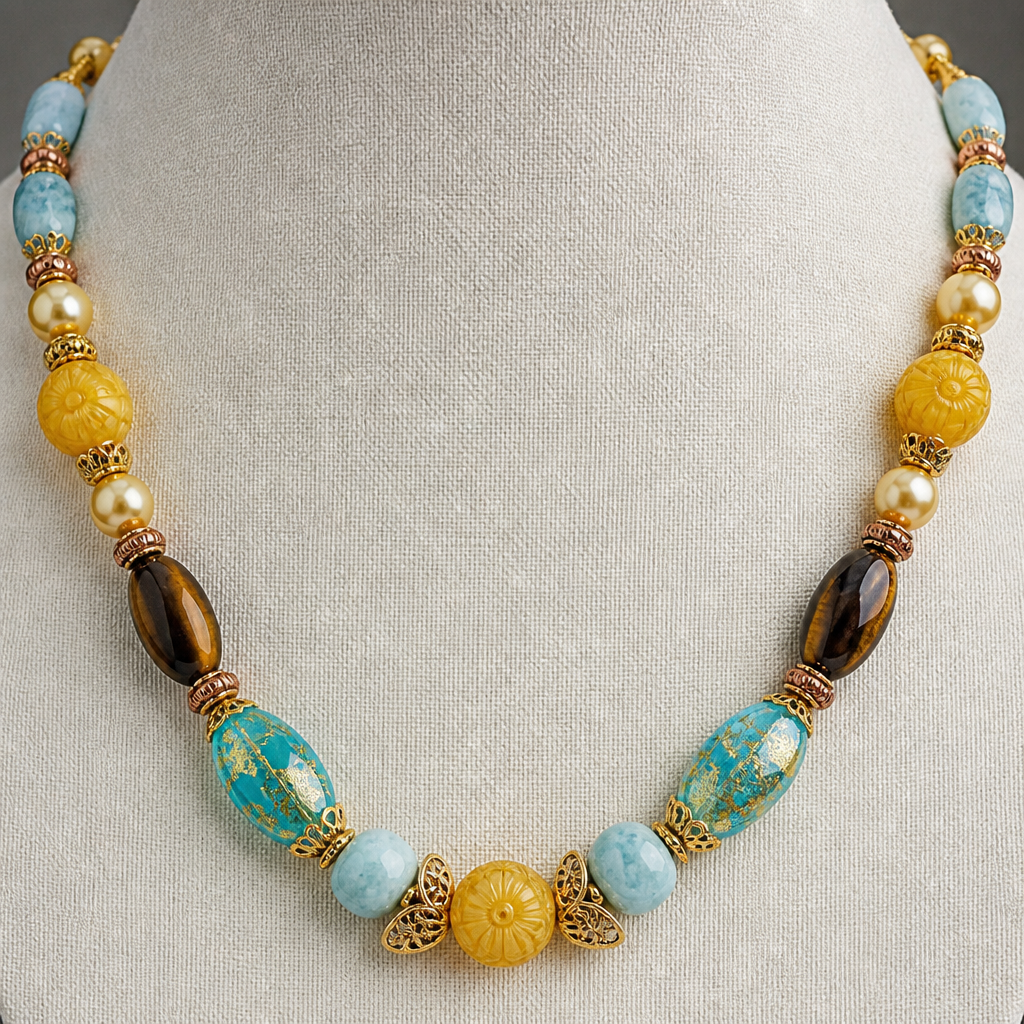 Venetian turquoise colored Glass with gold foiled swirl beads 26mm x 16mm, Larimar tumbles 12mm
× 13mm beads, gold genuine freshwater pearls 8mm, 17mm carved yellow/gold Jade round beads, 12mm x 17mm oval tigers eye beads, 5mm x 10mm rondels copper beads, necklace
photorealistic jewelry design, Venetian turquoise colored Glass with gold foiled swirl beads 26mm x 16mm, Larimar tumbles 12mm
× 13mm beads, gold genuine freshwater pearls 8mm, 17mm carved yellow/gold Jade round beads, 12mm x 17mm oval tigers eye beads, 5mm x 10mm rondels copper beads, necklace, filigree style, just the design no text