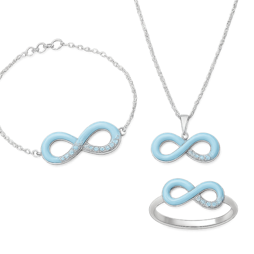 سيت غريب وحلو باللون الازرق الفاتح (اسوارة،عقد،خاتم) فضّة مرصع بالالماس ومش مالوف مدموج باللون الازرق علامة♾️