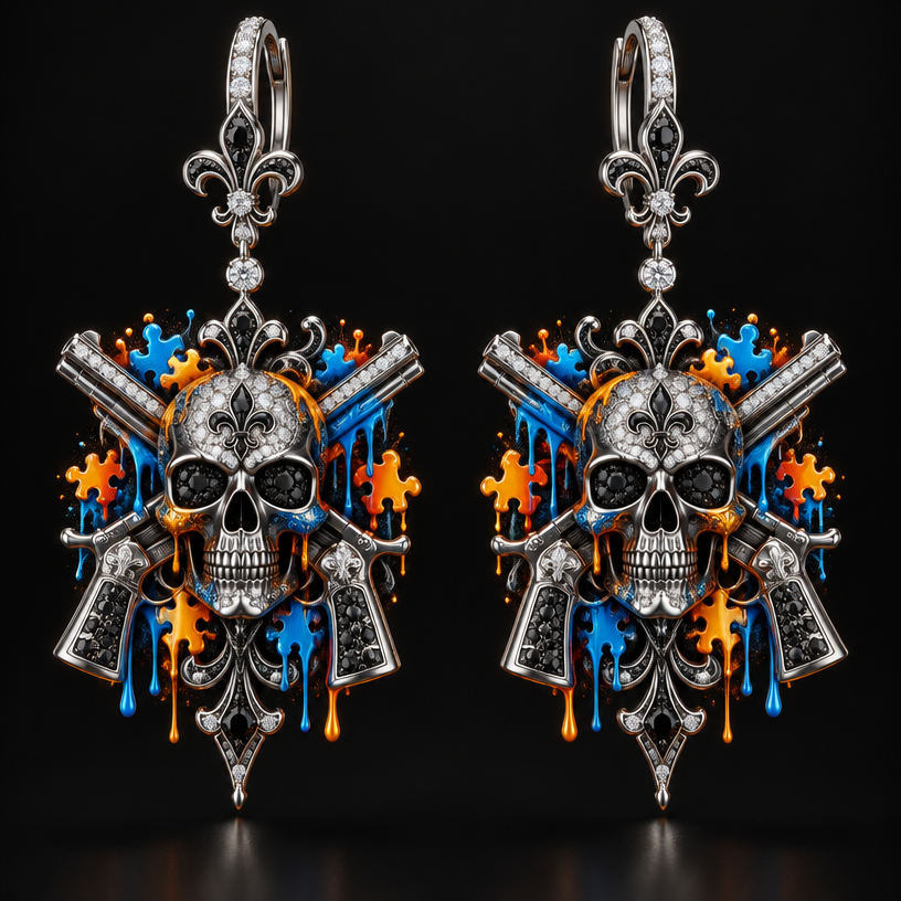 A gothic women's earrings made of platinum suitable for formal. a skull with neon graffiti around the skull and pistols crossing "the family " written in old english
using the attached image as a visual reference, create A gothic women's earrings made of platinum suitable for formal. a skull with neon graffiti around the skull and pistols crossing "the family " written in old english. photorealistic, just the design no text