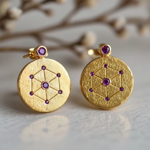 Серьги матовое золото мятое. Символ схематично созвездие. Маленькие фиолетовые камушки