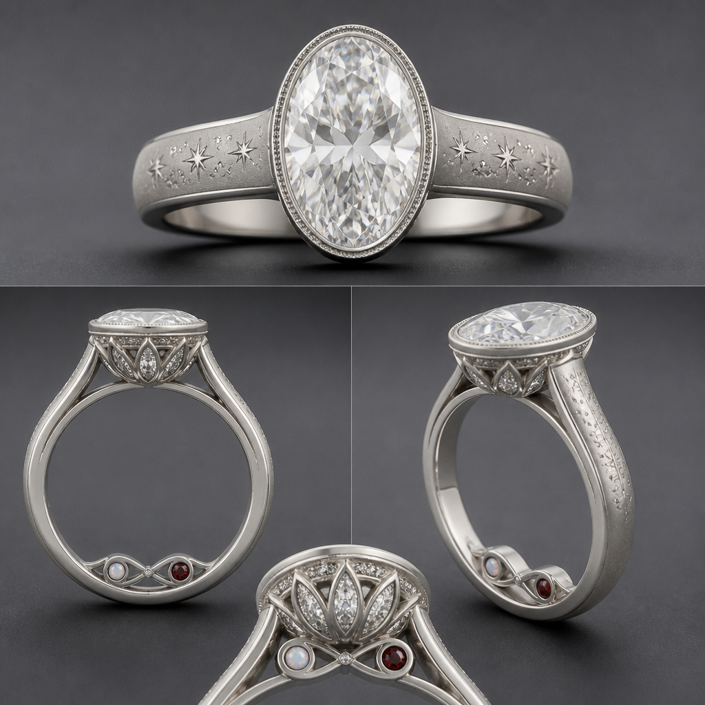 A women's ring, highly ornate, intricate and elaborate, richly detailed. Center Stone
16 × 11 mm oval diamond (~10 ct)
Set as low as structurally possible
Perfectly centered
Full bezel setting
Fine hand-applied milgrain around the bezel
The bezel should be delicate enough to frame the diamond without making it appear smaller.
Top View
This is extremely important.
From the top, I want the ring to appear clean and uninterrupted.
No visible hidden halo
No accent diamonds visible
No decorative elements competing with the center stone
The eye should immediately go to the oval diamond
Side Profile
The side should reveal the craftsmanship gradually.
Hidden halo tucked completely underneath the bezel
Visible only from the side
Smaller and more delicate than a traditional hidden halo
The hidden halo should feel like a surprise rather than a feature.
Lotus Basket
This is the heart of the design.
Six elongated marquise diamonds
Arranged as lotus petals
Petals should flow seamlessly into the shoulders
No abrupt transitions
The basket should look sculpted from one continuous piece of platinum
I want the lotus to feel architectural rather than ornamental.
Band
Platinum
4 mm width at the shoulders
Softly tapered toward the base
Comfort fit
Soft euro shank
Satin/brushed finish
Thin polished edge along each side of the band to frame the brushed finish
Celestial Theme
I want the celestial inspiration to be subtle.
Instead of repeating stars:
Sparse constellation-inspired hand engraving
Tiny polished dots
Very delicate engraved starbursts
Concentrated near the shoulders
Gradually fading into a plain band
The engraving should resemble a quiet night sky rather than a pattern.
Bridge
This should be the most personal part of the ring.
Instead of engraving an infinity symbol, I want the bridge itself to become an elegant infinity-shaped structure.
Inside the loops:
One tiny bezel-set opal
One tiny bezel-set garnet
These represent my husband and me.
If structurally feasible, I'd also like to explore placing a tiny flush-set diamond where the two loops intersect to represent our son.
The bridge should remain refined and not feel busy.
Finish
The ring should have contrast.
Satin brushed platinum on the band
High-polish bezel
High-polish basket
High-polish milgrain
High-polish edges on the band
This contrast should create visual depth without adding extra decoration.
Engineering Priorities
Comfortable for everyday wear
Built to support a 16 × 11 mm oval securely
Basket engineered for long-term durability
Euro shank sized to reduce spinning
Strong enough to become an heirloom
Design Priorities
From most important to least:
Center oval diamond
Milgrain bezel
Lotus basket
Hidden halo
Brushed platinum finish
Celestial shoulder engraving
Infinity bridge with birthstones
Every element below should support—not compete with—the element above it.
photorealistic jewelry design, A women's ring, highly ornate, intricate and elaborate, richly detailed. Center Stone
16 × 11 mm oval diamond (~10 ct)
Set as low as structurally possible
Perfectly centered
Full bezel setting
Fine hand-applied milgrain around the bezel
The bezel should be delicate enough to frame the diamond without making it appear smaller.
Top View
This is extremely important.
From the top, I want the ring to appear clean and uninterrupted.
No visible hidden halo
No accent diamonds visible
No decorative elements competing with the center stone
The eye should immediately go to the oval diamond
Side Profile
The side should reveal the craftsmanship gradually.
Hidden halo tucked completely underneath the bezel
Visible only from the side
Smaller and more delicate than a traditional hidden halo
The hidden halo should feel like a surprise rather than a feature.
Lotus Basket
This is the heart of the design.
Six elongated marquise diamonds
Arranged as lotus petals
Petals should flow seamlessly into the shoulders
No abrupt transitions
The basket should look sculpted from one continuous piece of platinum
I want the lotus to feel architectural rather than ornamental.
Band
Platinum
4 mm width at the shoulders
Softly tapered toward the base
Comfort fit
Soft euro shank
Satin/brushed finish
Thin polished edge along each side of the band to frame the brushed finish
Celestial Theme
I want the celestial inspiration to be subtle.
Instead of repeating stars:
Sparse constellation-inspired hand engraving
Tiny polished dots
Very delicate engraved starbursts
Concentrated near the shoulders
Gradually fading into a plain band
The engraving should resemble a quiet night sky rather than a pattern.
Bridge
This should be the most personal part of the ring.
Instead of engraving an infinity symbol, I want the bridge itself to become an elegant infinity-shaped structure.
Inside the loops:
One tiny bezel-set opal
One tiny bezel-set garnet
These represent my husband and me.
If structurally feasible, I'd also like to explore placing a tiny flush-set diamond where the two loops intersect to represent our son.
The bridge should remain refined and not feel busy.
Finish
The ring should have contrast.
Satin brushed platinum on the band
High-polish bezel
High-polish basket
High-polish milgrain
High-polish edges on the band
This contrast should create visual depth without adding extra decoration.
Engineering Priorities
Comfortable for everyday wear
Built to support a 16 × 11 mm oval securely
Basket engineered for long-term durability
Euro shank sized to reduce spinning
Strong enough to become an heirloom
Design Priorities
From most important to least:
Center oval diamond
Milgrain bezel
Lotus basket
Hidden halo
Brushed platinum finish
Celestial shoulder engraving
Infinity bridge with birthstones
Every element below should support—not compete with—the element above it., modern style, just the design no text