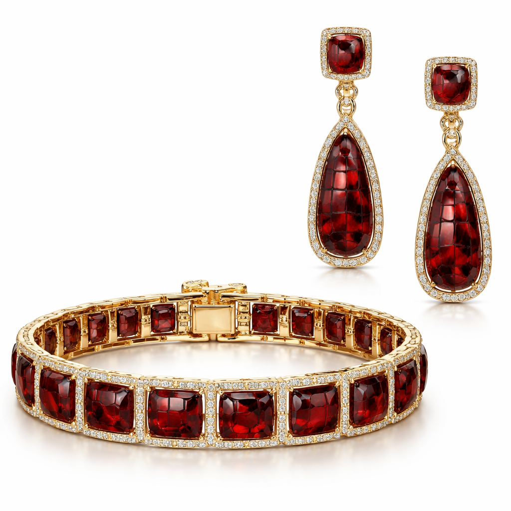 Create tennis bracelet for Brahmin with crocodile leather patterns with garnets in gold with matching earrings