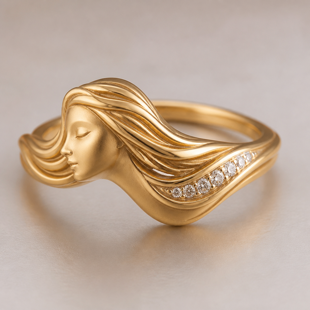 A minimalist women's ring made of gold with diamond stones suitable for gift. A delicate ring featuring a woman’s face, with her flowing hair forming the band.
photorealistic jewelry design, A minimalist women's ring made of gold with diamond stones suitable for gift. A delicate ring featuring a woman’s face, with her flowing hair forming the band., minimalist style, just the design no text