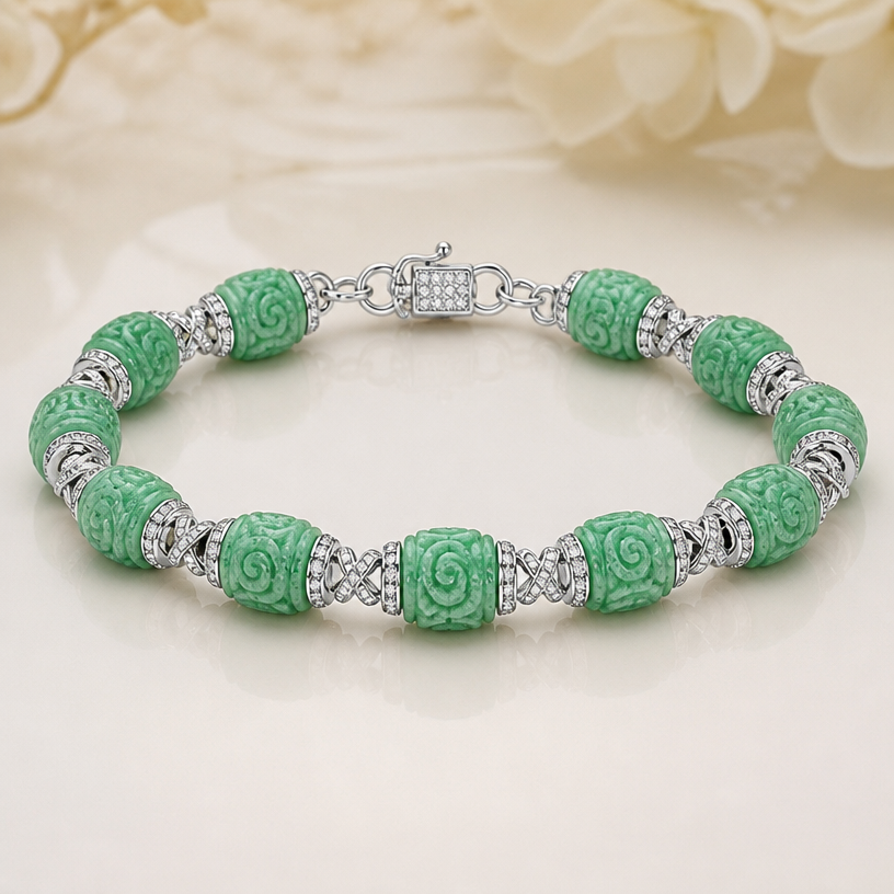 A diamond women's bracelet with diamond stones suitable for anniversary. Create a 6-inch bracelet using the 12 beads shown in the attached picture. Each bead is 9.7 millimeters long.
using the attached image as a visual reference, create A diamond women's bracelet with diamond stones suitable for anniversary. Create a 6-inch bracelet using the 12 beads shown in the attached picture. Each bead is 9.7 millimeters long.. photorealistic, just the design no text
