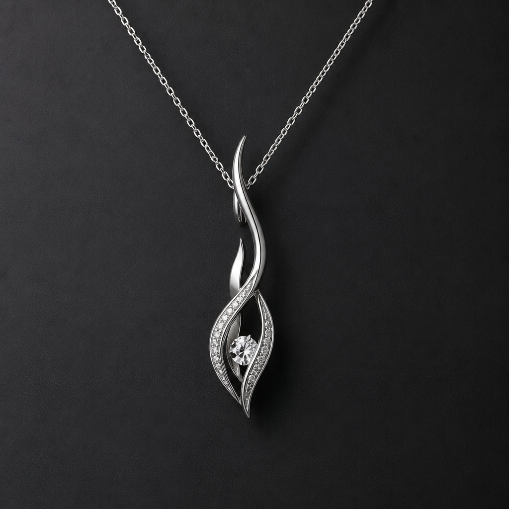 A women's necklace made of silver with diamond stones. flamme style minimaliste, qui ressemble à un feu, métal délicat
photorealistic jewelry design, A women's necklace made of silver with diamond stones. flamme style minimaliste, qui ressemble à un feu, métal délicat, modern style, just the design no text