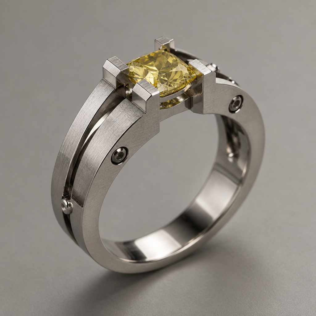 Silver ring with mall yellow diamond
photorealistic jewelry design, Silver ring with mall yellow diamond
, industrial style, just the design no text
