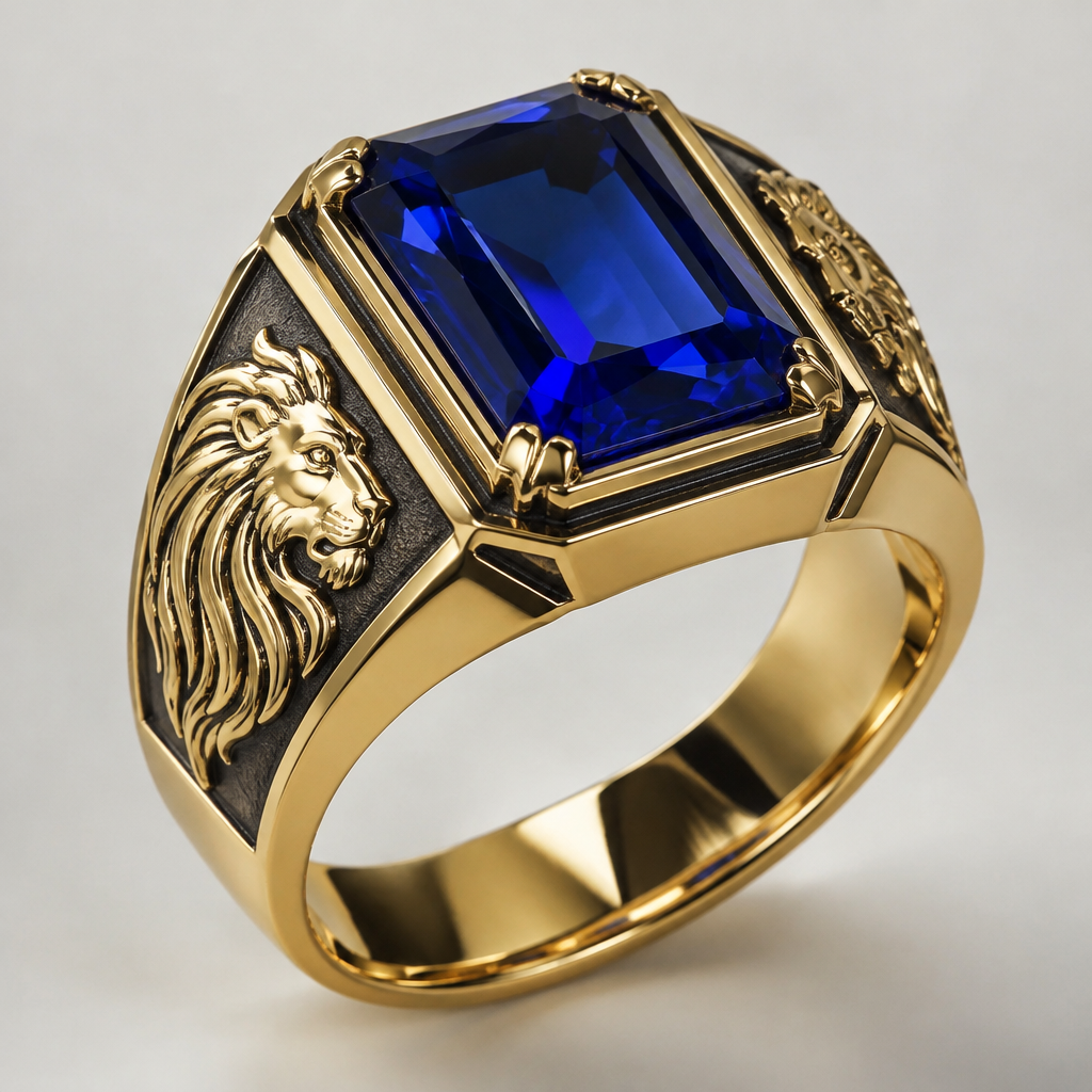 MEN ring. Blue rock on the top. On the sides head of lion flat
photorealistic jewelry design, MEN ring. Blue rock on the top. On the sides head of lion flat, gold style, just the design no text