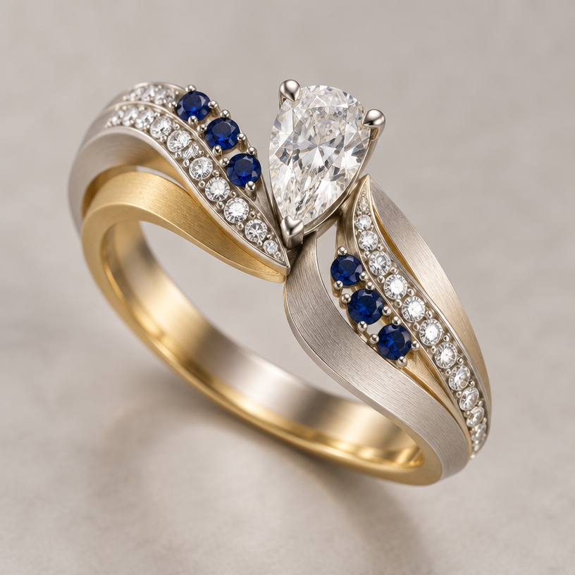 A contemporary women's ring made of mixed metal with diamond and sapphire stones. use the reference photo for gem size and shape only. do not cluster gems or take inspiration from metal shape. design ring using 33 of the small diamonds, 7 blue sapphires, and one large diamond. mixed metal should be white and yellow gold in matte finish.
using the attached image as a visual reference, create A contemporary women's ring made of mixed metal with diamond and sapphire stones. use the reference photo for gem size and shape only. do not cluster gems or take inspiration from metal shape. design ring using 33 of the small diamonds, 7 blue sapphires, and one large diamond. mixed metal should be white and yellow gold in matte finish.. photorealistic, just the design no text