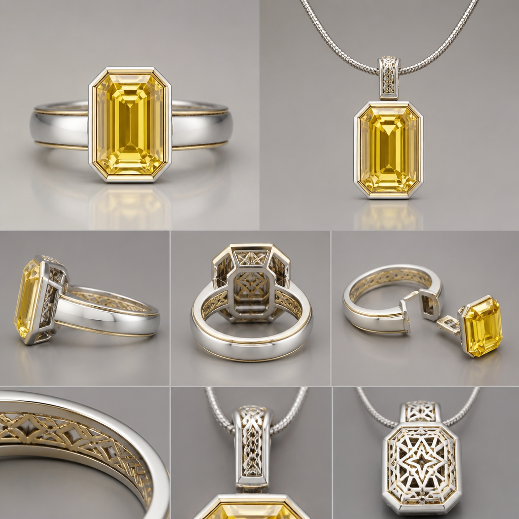 主石选择:浓彩黄钻(Fancy Intense Yellow)
· 克拉等效:视觉直径8-10mm(约2.5-3克拉效果,可替换为同尺寸黄钻或黄蓝色宝石)
· 切工:祖母绿切割或阿斯切——线条干净,反射内敛优雅,配合“典雅端庄”气质
· 为什么是黄钻:
· 暖色最夺目,与冷调金属形成天然强烈对比
· 黄色象征尊贵、阳光,与“高端大气”匹配
· 黄钻相对蓝钻/粉钻更易寻大颗粒,且性价比更可控
金属搭配:18K 亮白金 + 局部18K 黄金(双色)
· 主体结构:亮白金(高抛光,冷白光辉)
· 镶座外缘:用极细的黄金勾勒一圈细线或包边——既呼应黄钻的暖,又形成“白金上的金色线条”这种克制而高级的对比
· 强烈对比的实现:黄钻的艳黄色 + 亮白金的冷白光 + 黄金的细节点缀(三色中黄与白对立,金是调和与升华)
可变形结构:戒指 ↔ 吊坠
· 设计逻辑:主石镶嵌在一个可分离的“钻石座”上,底座本身是一枚精致的主戒指(18K白金带黄金镶边)。
另配一条18K白金项链(细款蛇骨链或可调节卡扣链),项链末端有一个隐蔽的卡扣装置。
· 佩戴方式:
· 戒指形态:钻石座扣在戒圈上(戒臂内侧带弹力卡榫),外形为一颗祖母绿切黄钻主石,两侧无辅石,极简大气。
· 吊坠形态:从戒圈上轻按释放,钻石座底部露出吊环,直接穿入项链卡扣,成为一款单钻吊坠。
· 高级感细节:戒圈内侧和吊坠连接处都刻有手工微雕花纹(希腊回纹或菱格纹),增加典雅气质而不喧宾夺主。
整体风格描述
· 轮廓:八角形或垫形主石外框,戒指臂从宽渐窄(2.5mm→1.8mm),圆润而不锋利。
· 质感:主石为祖母绿切,台面大、火彩呈宁静片状,配合高抛光金属,光泽内敛。
· 穿戴感:戒指分量集中在主石区域,戒臂轻盈;吊坠整体重心在锁扣以下1cm处,佩戴时自然下垂端正。
· 场合:晚宴、高级社交、婚礼、日常商务(低调但一眼贵气
photorealistic jewelry design, 主石选择:浓彩黄钻(Fancy Intense Yellow)
· 克拉等效:视觉直径8-10mm(约2.5-3克拉效果,可替换为同尺寸黄钻或黄蓝色宝石)
· 切工:祖母绿切割或阿斯切——线条干净,反射内敛优雅,配合“典雅端庄”气质
· 为什么是黄钻:
· 暖色最夺目,与冷调金属形成天然强烈对比
· 黄色象征尊贵、阳光,与“高端大气”匹配
· 黄钻相对蓝钻/粉钻更易寻大颗粒,且性价比更可控
金属搭配:18K 亮白金 + 局部18K 黄金(双色)
· 主体结构:亮白金(高抛光,冷白光辉)
· 镶座外缘:用极细的黄金勾勒一圈细线或包边——既呼应黄钻的暖,又形成“白金上的金色线条”这种克制而高级的对比
· 强烈对比的实现:黄钻的艳黄色 + 亮白金的冷白光 + 黄金的细节点缀(三色中黄与白对立,金是调和与升华)
可变形结构:戒指 ↔ 吊坠
· 设计逻辑:主石镶嵌在一个可分离的“钻石座”上,底座本身是一枚精致的主戒指(18K白金带黄金镶边)。
另配一条18K白金项链(细款蛇骨链或可调节卡扣链),项链末端有一个隐蔽的卡扣装置。
· 佩戴方式:
· 戒指形态:钻石座扣在戒圈上(戒臂内侧带弹力卡榫),外形为一颗祖母绿切黄钻主石,两侧无辅石,极简大气。
· 吊坠形态:从戒圈上轻按释放,钻石座底部露出吊环,直接穿入项链卡扣,成为一款单钻吊坠。
· 高级感细节:戒圈内侧和吊坠连接处都刻有手工微雕花纹(希腊回纹或菱格纹),增加典雅气质而不喧宾夺主。
整体风格描述
· 轮廓:八角形或垫形主石外框,戒指臂从宽渐窄(2.5mm→1.8mm),圆润而不锋利。
· 质感:主石为祖母绿切,台面大、火彩呈宁静片状,配合高抛光金属,光泽内敛。
· 穿戴感:戒指分量集中在主石区域,戒臂轻盈;吊坠整体重心在锁扣以下1cm处,佩戴时自然下垂端正。
· 场合:晚宴、高级社交、婚礼、日常商务(低调但一眼贵气
, just the design no text