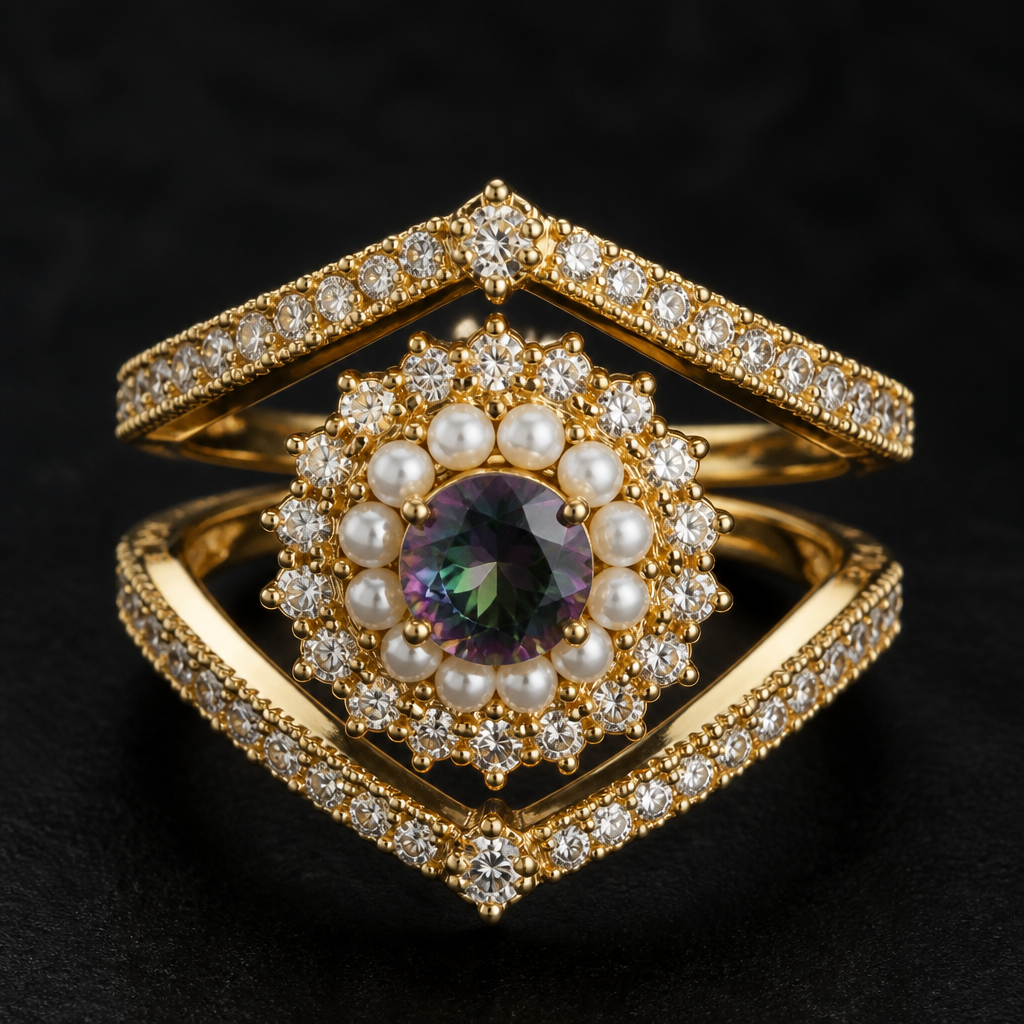 Two v shaped bands with multi color stone in the middle surrounded by pearls and diamonds
photorealistic jewelry design, Two v shaped bands with multi color stone in the middle surrounded by pearls and diamonds , royal style, just the design no text
