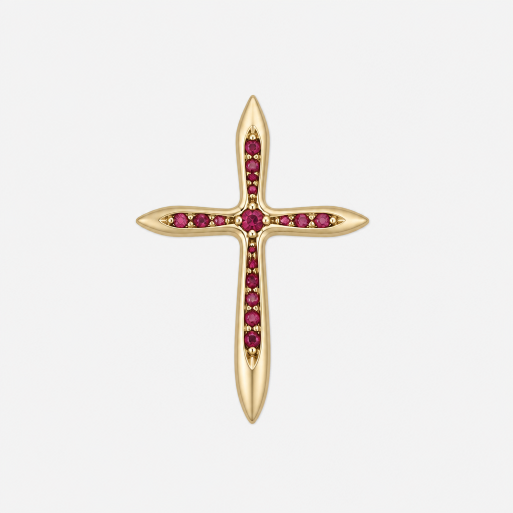 Dainty and feminine Gold cross with rubies, majority gold . Hidden bail
photorealistic jewelry design, Dainty and feminine Gold cross with rubies, majority gold . Hidden bail, minimalist style, just the design no text