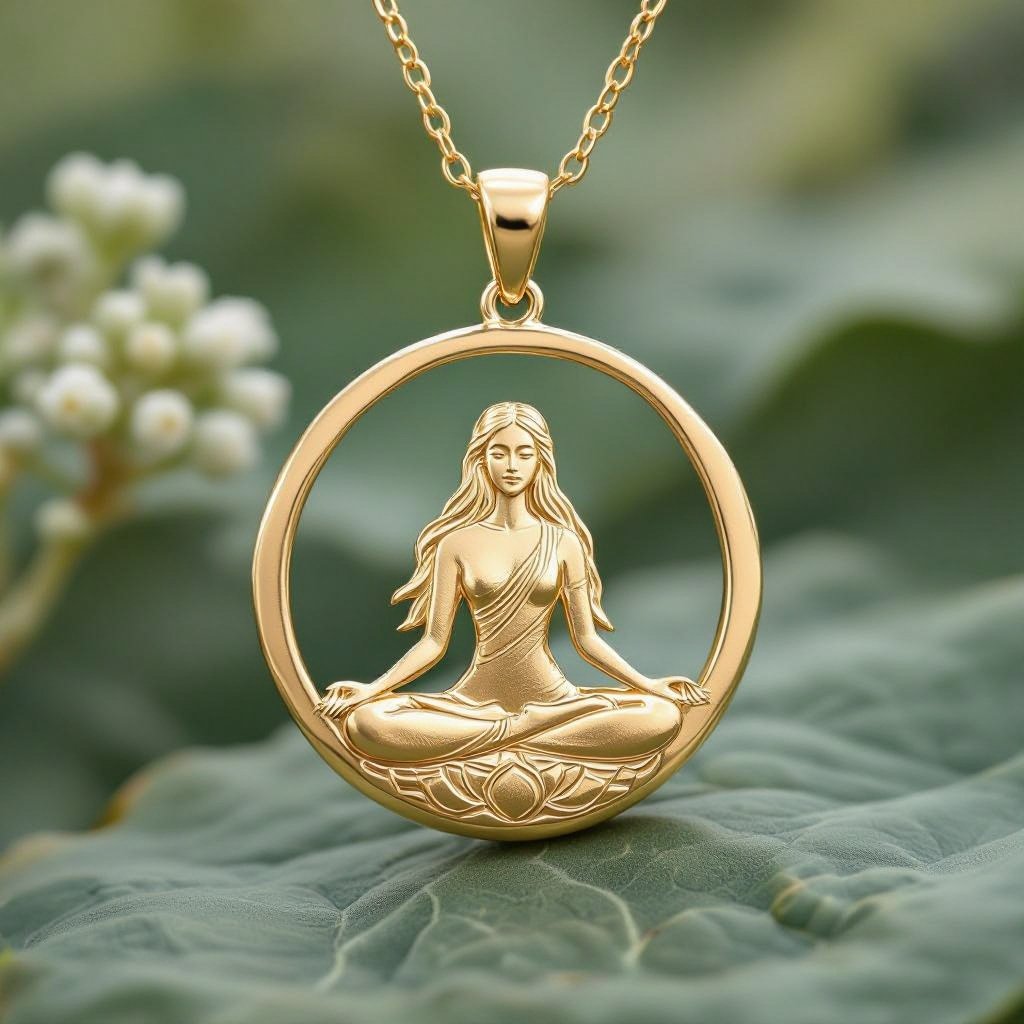 Золотой кулон в виде неровного круга в круге выгравирована женщина с длинными волосами в позе лотоса