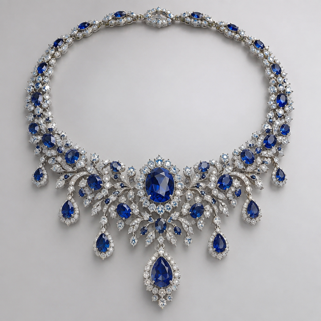 A statement women's necklace made of silver with sapphire stones suitable for anniversary, highly ornate, intricate and elaborate, richly detailed
photorealistic jewelry design, A statement women's necklace made of silver with sapphire stones suitable for anniversary, highly ornate, intricate and elaborate, richly detailed, statement style, just the design no text