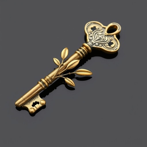 Old skeleton key shape gold and silver tones with olive branch turning on leg and keffieh print on the tip