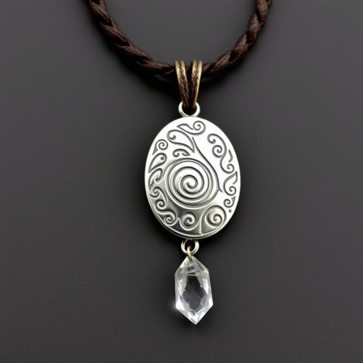 necklace on thick leather cord with big silver pendant and crystal stone charm 