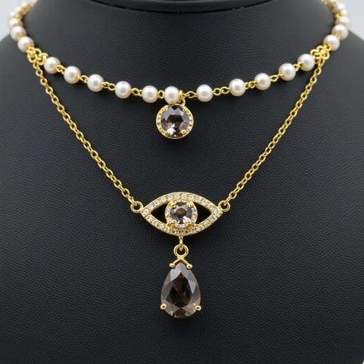 Тонкая цепочка с золотыми шариками и мелкими жемчужными камушками на цепочке есть кулон в форме глаза, зрачок глаза из раухтопаза от глаза идет маленькая подвеска с маленьким камушком 