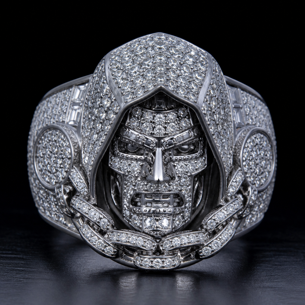 A diamond him hop ring of DR doom
photorealistic jewelry design, A diamond him hop ring of DR doom
, just the design no text