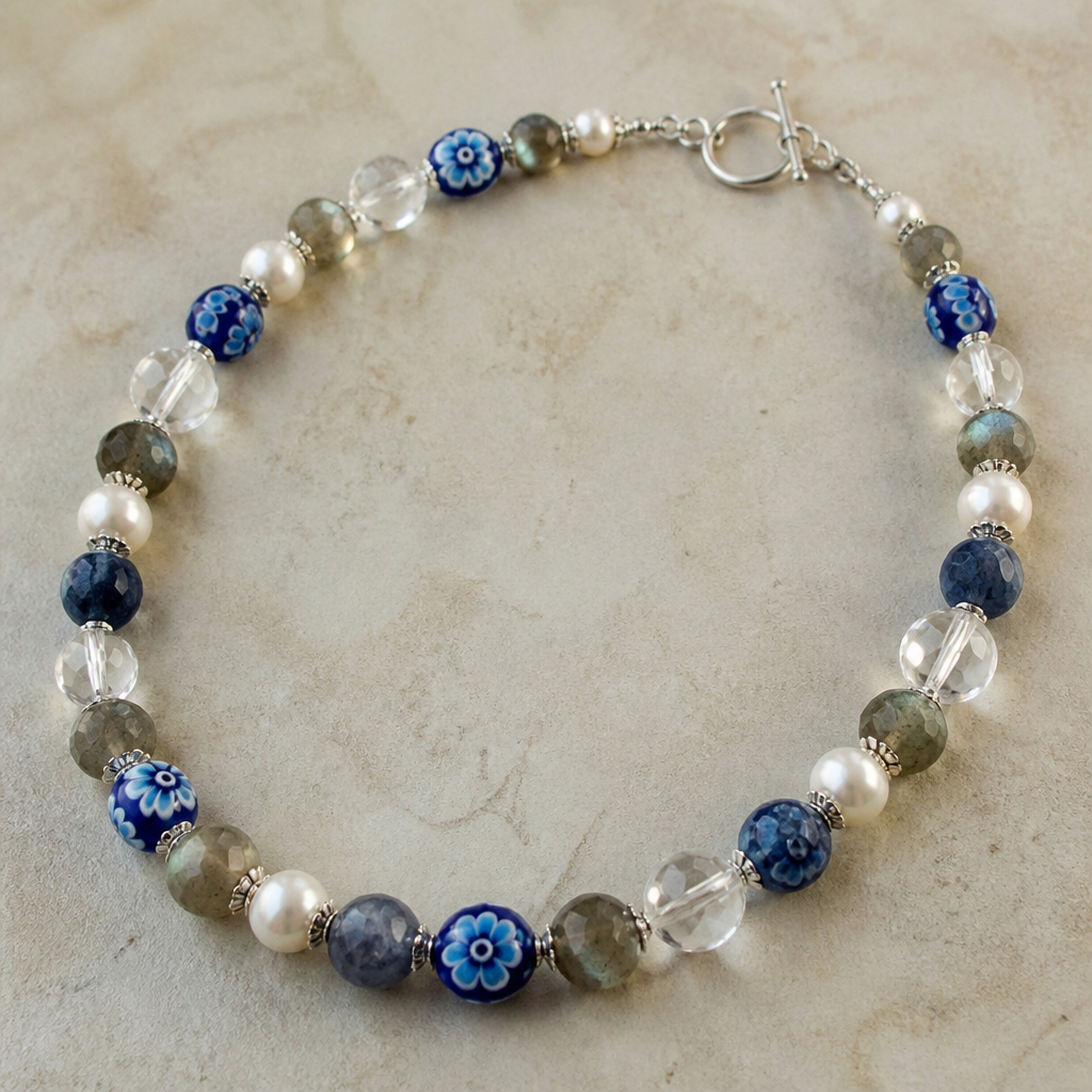 ''Blue floral milefiori beads 8mm, labradorite faceted rondels 8mm. Sapphire rough cut round beads 8mm beads. Clear crystal quartz 10mm beads, white 8mm pearls silver findings necklace "'
photorealistic jewelry design, ''Blue floral milefiori beads 8mm, labradorite faceted rondels 8mm. Sapphire rough cut round beads 8mm beads. Clear crystal quartz 10mm beads, white 8mm pearls silver findings necklace "', bohemian style, just the design no text