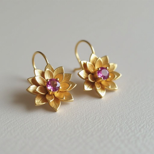 Gold-colored matte ring earrings. Diameter 1 cm. A flat lotus pendant with 6 petals. Pink quartz in the center of the lotus