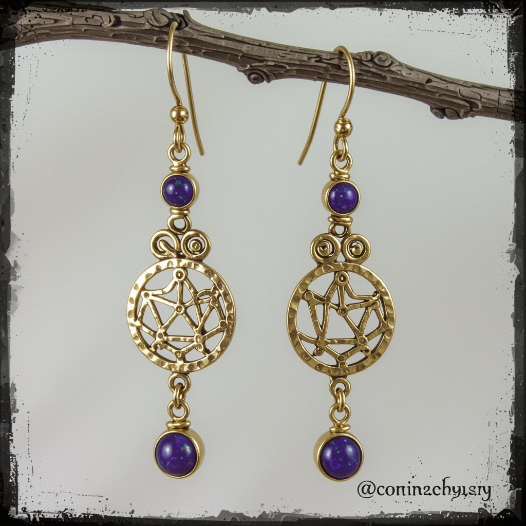 Серьги длинные на цепочках матовое золото мятое. Символ схематично созвездие. Маленькие фиолетовые камушки