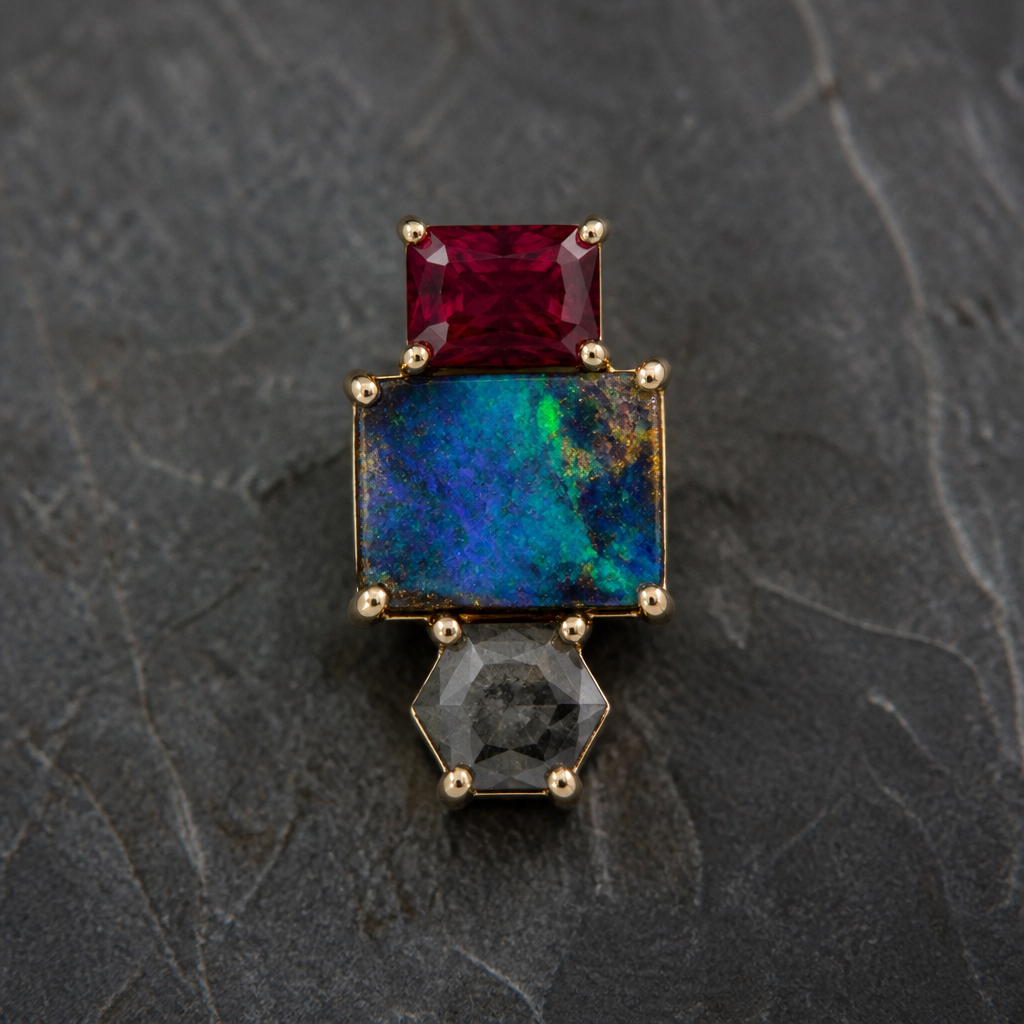 5 mm red beryl a rectangle boulder opal and hexagon salt and pepper diamond
photorealistic jewelry design, 5 mm red beryl a rectangle boulder opal and hexagon salt and pepper diamond
, just the design no text