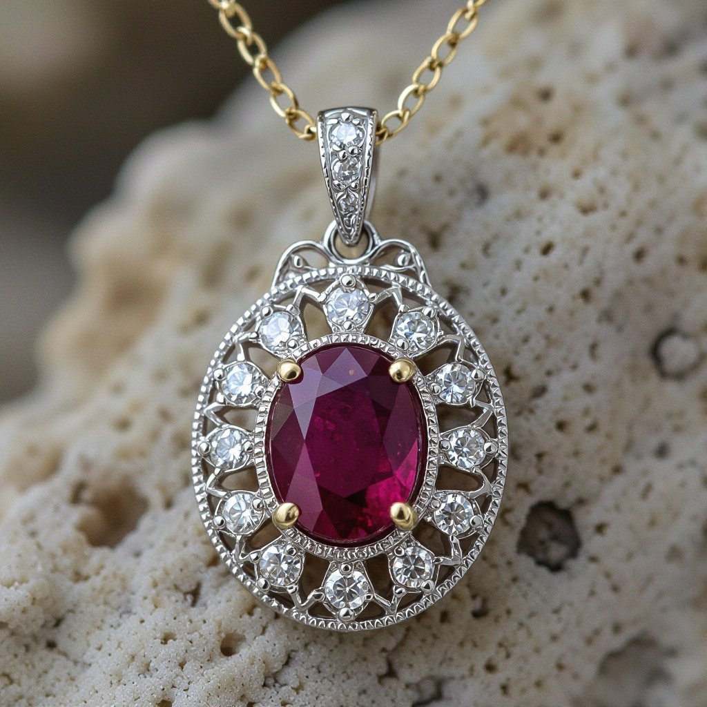 7x5mm oval pigeon blood ruby with 8 marquis cut diamonds each .08ct set in white gold pendant 