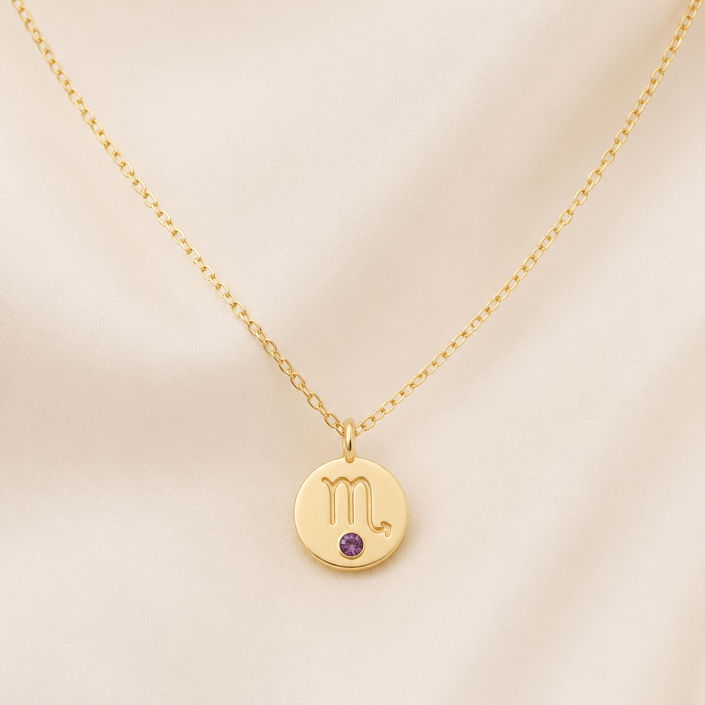 A minimalist women's necklace made of gold with amethyst stones suitable for daily wear. um colar com fio dourado, ouro, a joia em um circulo pequeno cheio , cravado em si o signo de escorpião contendo no seu centro um estilhaço pequeno de amethyst. um fio elegante, discreto, com um toque de charme e delicado
photorealistic jewelry design, A minimalist women's necklace made of gold with amethyst stones suitable for daily wear. um colar com fio dourado, ouro, a joia em um circulo pequeno cheio , cravado em si o signo de escorpião contendo no seu centro um estilhaço pequeno de amethyst. um fio elegante, discreto, com um toque de charme e delicado, minimalist style, just the design no text