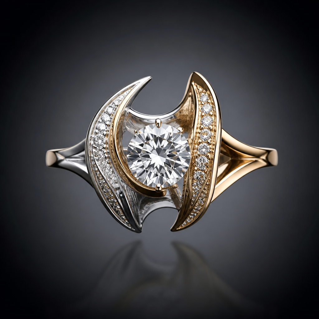 A avant-garde women's ring made of mixed metal with diamond stones suitable for festival. An extraordinary excellent beautiful delicate and elegant solitaire women ring. Face of the ring.
photorealistic jewelry design, A avant-garde women's ring made of mixed metal with diamond stones suitable for festival. An extraordinary excellent beautiful delicate and elegant solitaire women ring. Face of the ring., avant_garde style, just the design no text