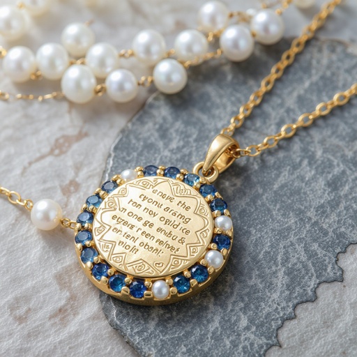 Кулон на длинной цепочке. Матовое светлое золото. В цепочке небольшие золотые шарики и синие камушки и жемчуга. Кулон в форме неровного мятого круга. На круге изображена мантра украшена узорами и мелкими камушками 