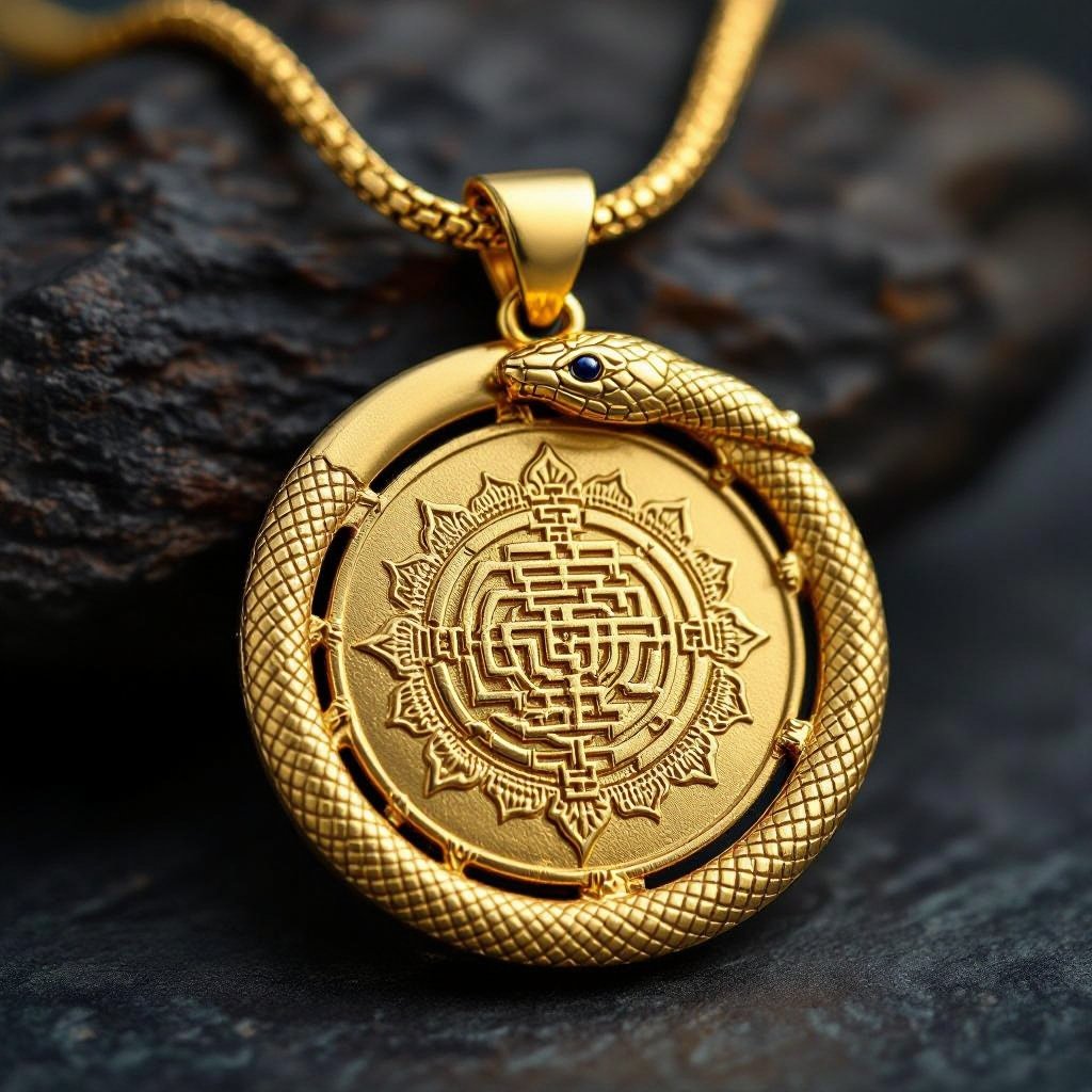 Золотой матовый кулон в виде круга, по окружности золотая тонкая змея в центре изображена янтра богини кали