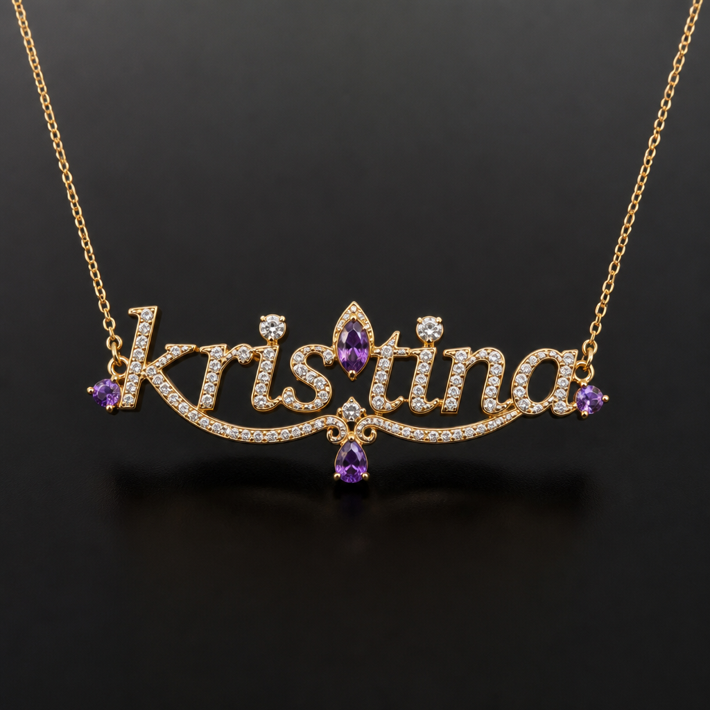 centered necklace name “kristina” with gemstones and some diamonds in gold setting
photorealistic jewelry design, centered necklace name “kristina” with gemstones and some diamonds in gold setting
, just the design no text