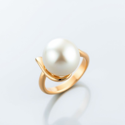 A golden ring with a pearl in the middle, the ring curving into an elegant wave type circle around the pearl. Add pearlescent details.