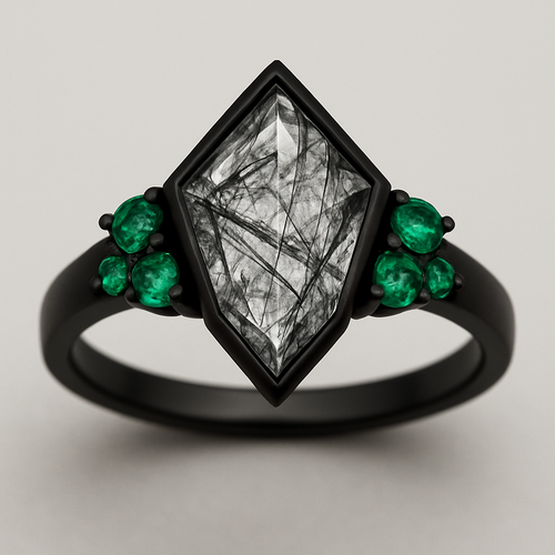 Black band, kite cut tourmalated quartz, emerald accent stones 3 on each side in a cluster 