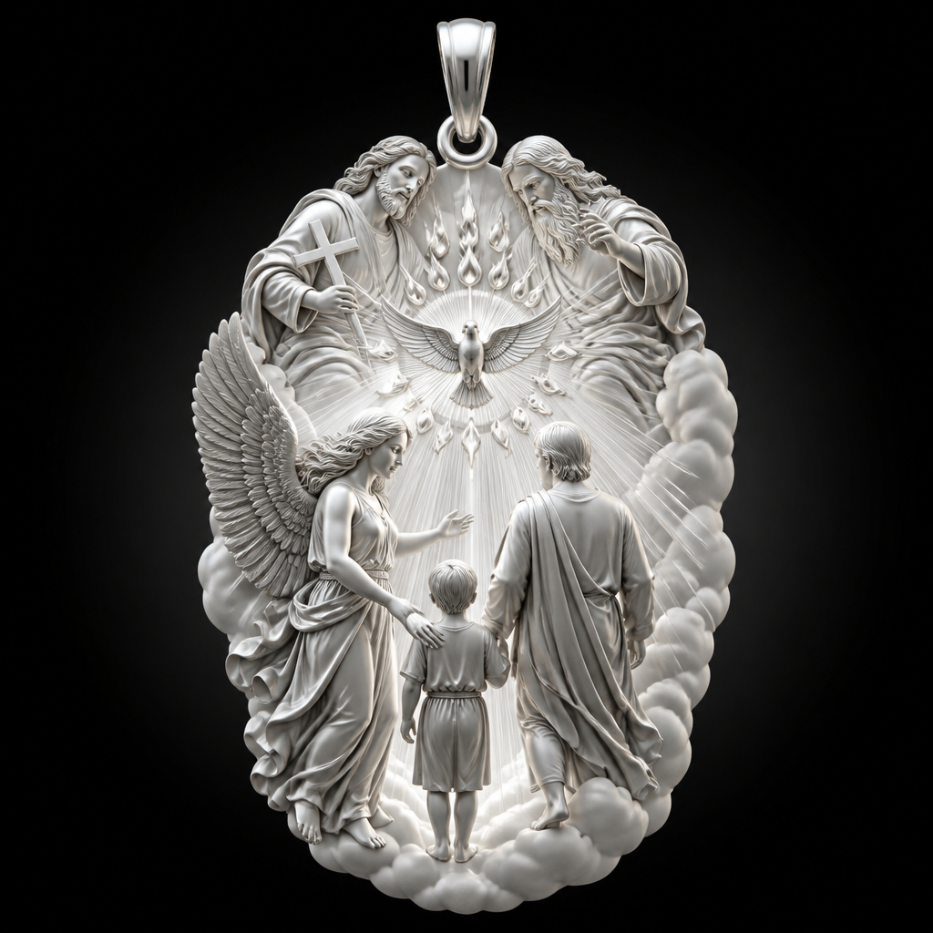 A modern women's pendant made of silver suitable for festival. An extraordinary excellent beautiful delicate and elegant pendant with the Guardian Angel with a beautiful delicate and elegant face, with long hair, with big wings flying, with a beautiful delicate elegant and with beautiful curves at her body, with a beautiful delicate and elegant tunic holding a child and an adult with its hands protecting them and guiding them on the way of the Holy Trinity. Sawing the way of the Holy Trinity in front of them God the Father, God the Son and God the Holy Spirit, the Holy Spirit to be as an Angel with a dove under the Angel surrounded by tongues of fire radiating light to the persons and the Guardian Angel, without the surrounding metals of the pendant. All the persons and the surrounding area to be 3D like statues. With less metal of the pendant and more accurate persons and only the persons and the clouds and the rayes of light. Less metal at the pendant and more 3D persons to be seen all the persons 3D.
