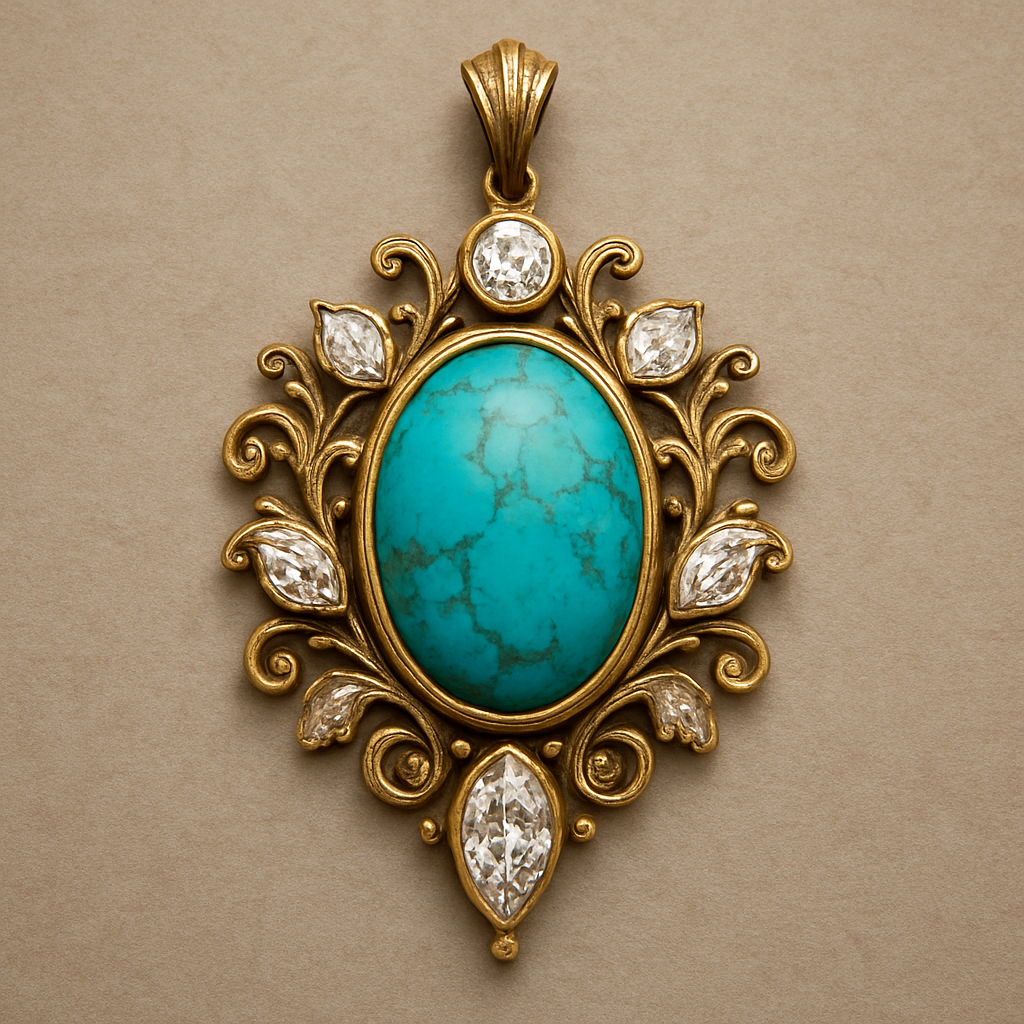 to unique design a pendant featuring the main oval turquoise incorporating round, marquise, and pear-shaped diamonds as additional elements. more unique