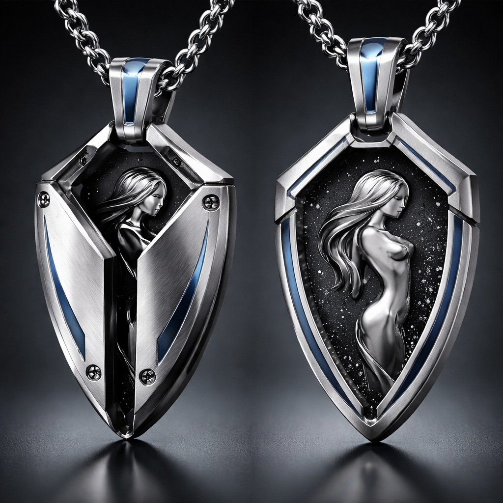 A men's pendant made of titanium. a two layered pendant the bottom has a women structure and the top open and closes
A men's pendant made of titanium. a two layered pendant the bottom has a women structure and the top open and closes, modern style